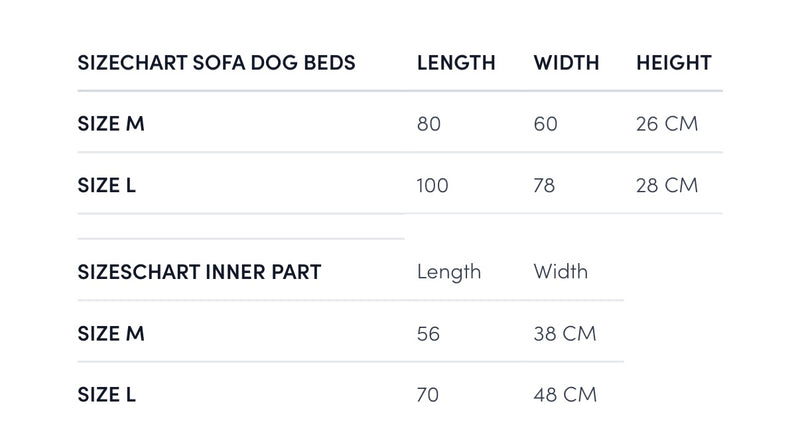 Tabulka velikostí - Dogguo Pelíšek Sofa Bed